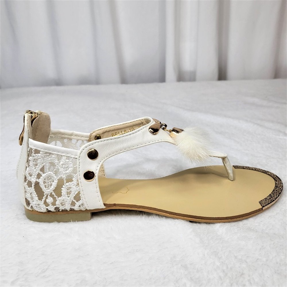 SilverDew White Summer Sandals Faux Fur Pom Poms - Picture 6 of 9